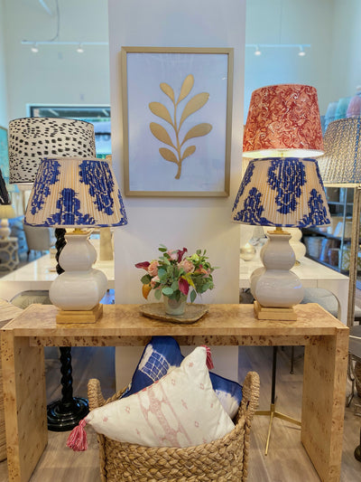 Silk ikat lampshades on ivory lamps