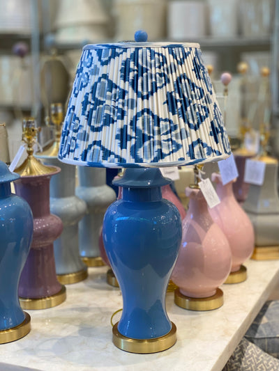 Ikat lampshade and blue temple jar lamp