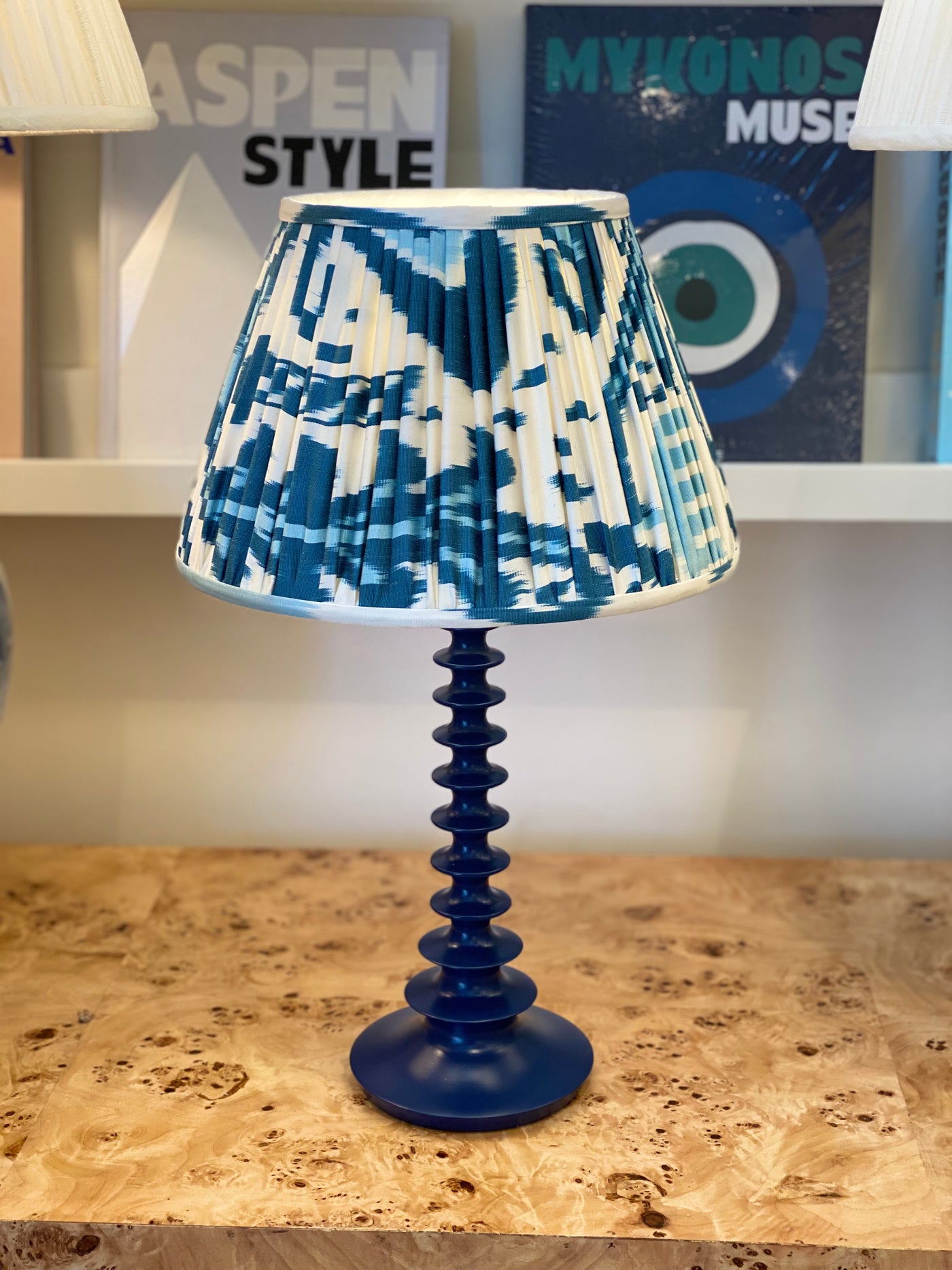 Ikat Lampshade and blue Penny Morrison lamp