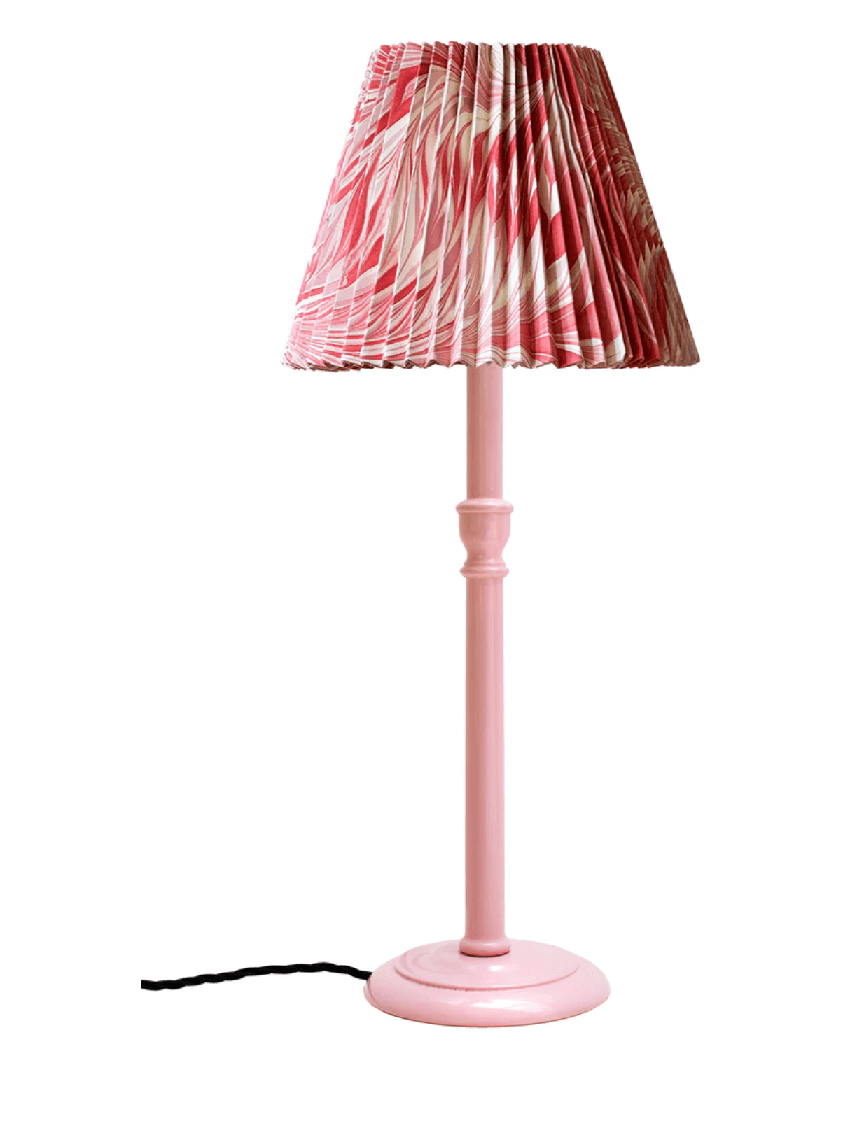 Pleated pink and red lampshade on Pink lamp