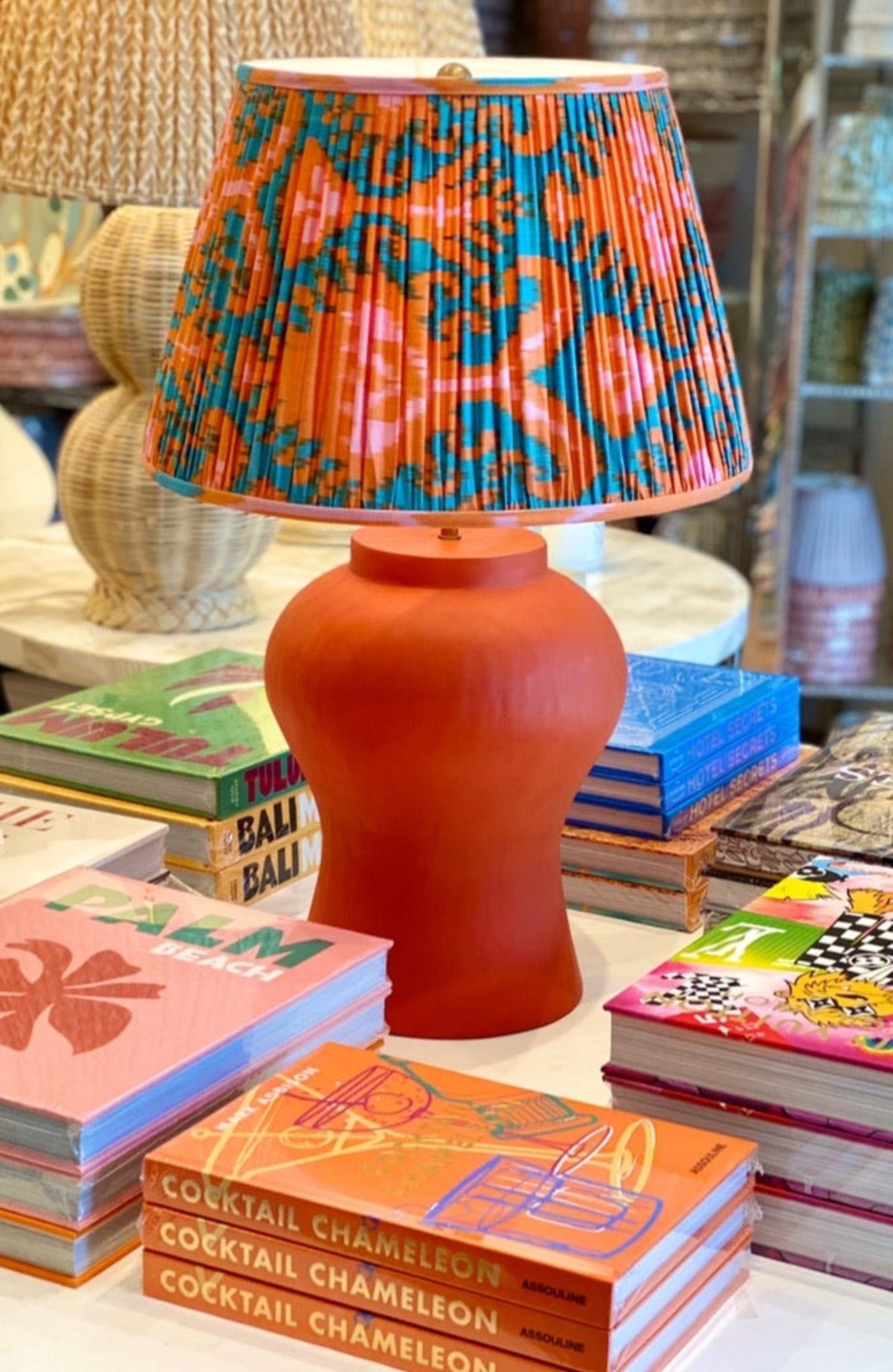 Large orange lamp and ikat lampshade