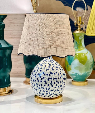 Scalloped Raffia Lampshade with Navy Trim Vignette