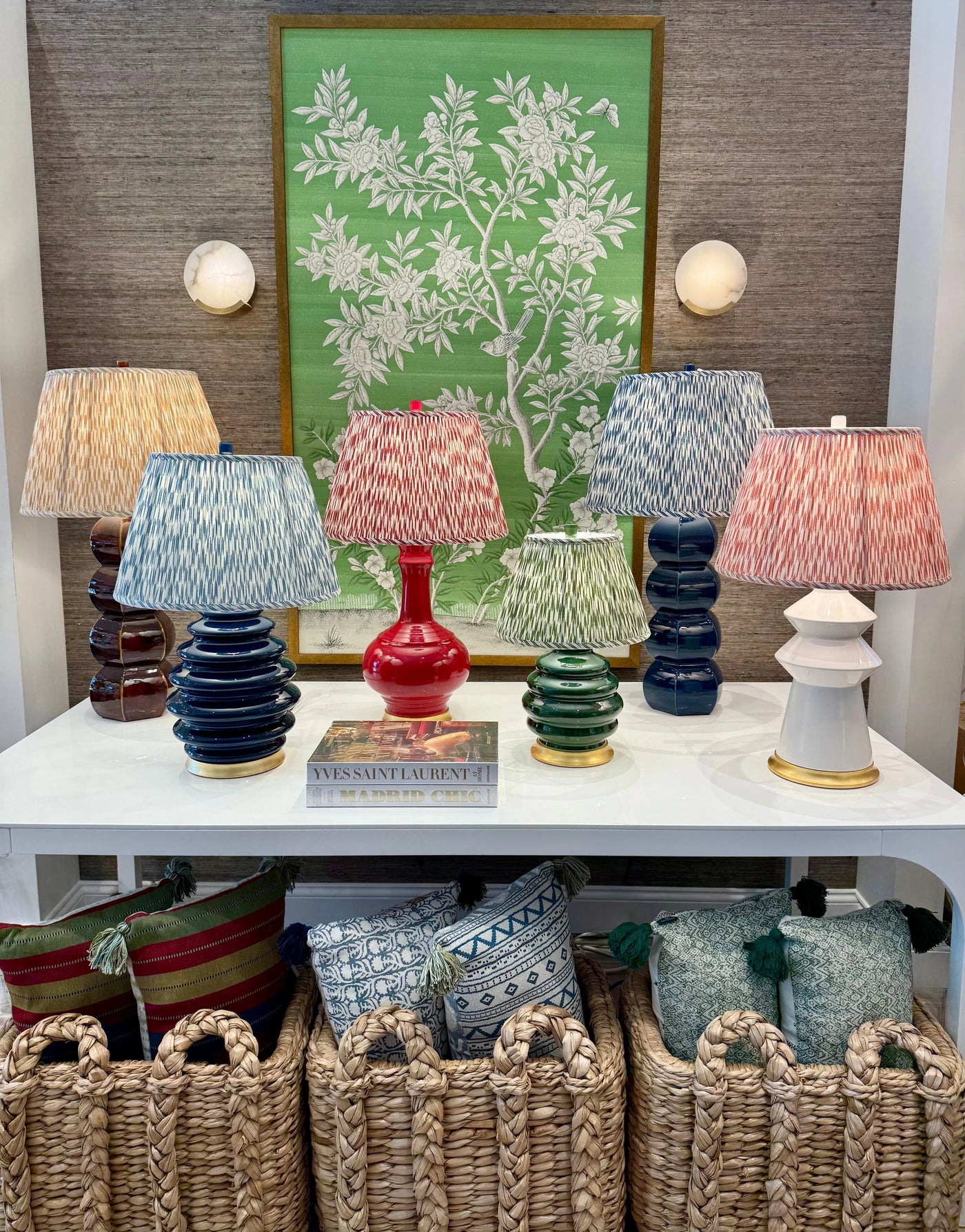 Table of Hwang Bishop lamps with ian sanderson lampshades