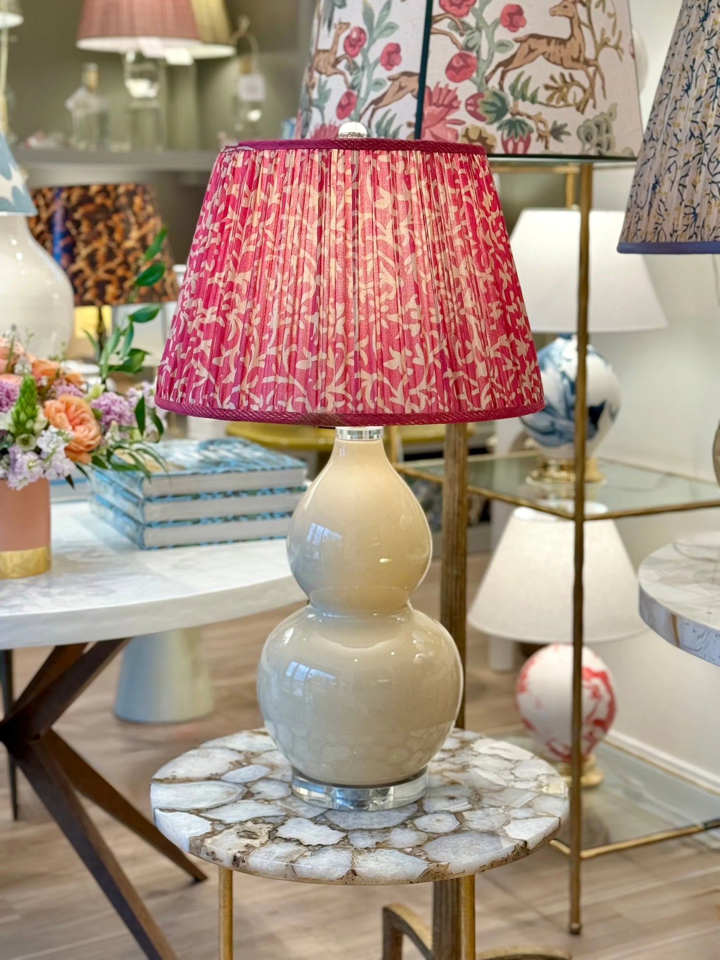 Pink & Beige Sari Lampshade with Self Trim