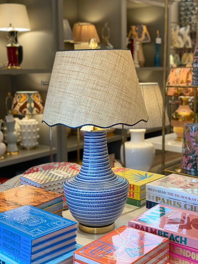 Scalloped Raffia Lampshade with Navy Trim Vignette