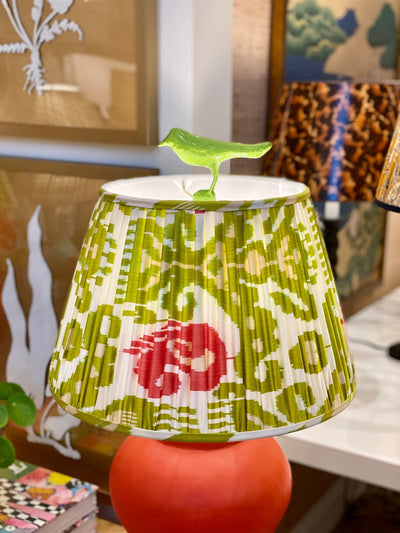 Green bird finial and ikat lampshade