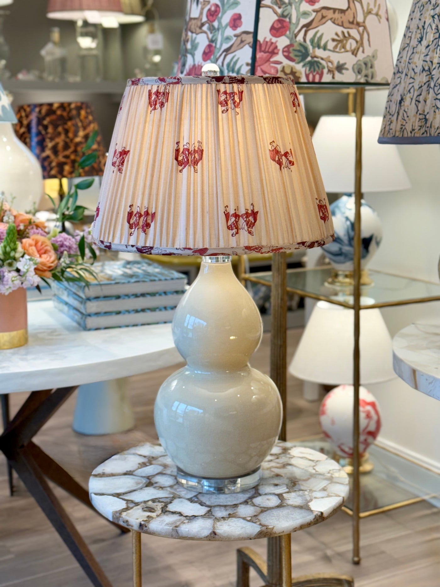 Beige silk lamp shade with red kissing fish print and pleated design