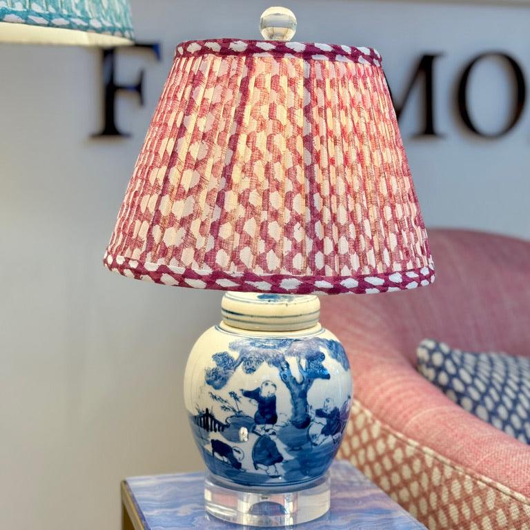 Fermoie Fuchsia Wicker Lampshade on Blue and White Mini Lamp