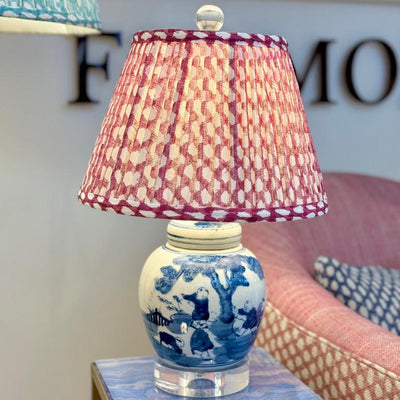 Fermoie Fuchsia Wicker Lampshade on Blue and White Mini Lamp