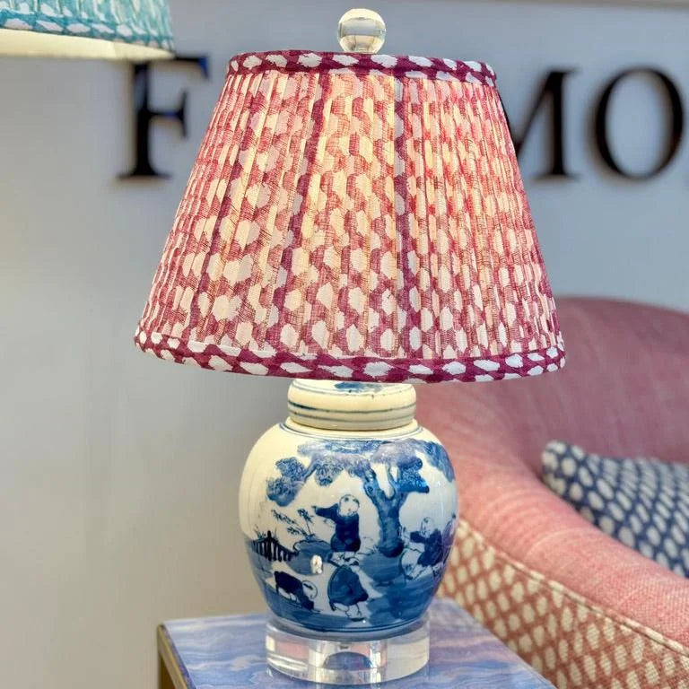 Fermoie Fuchsia Wicker Lampshade on Blue and White Mini Lamp