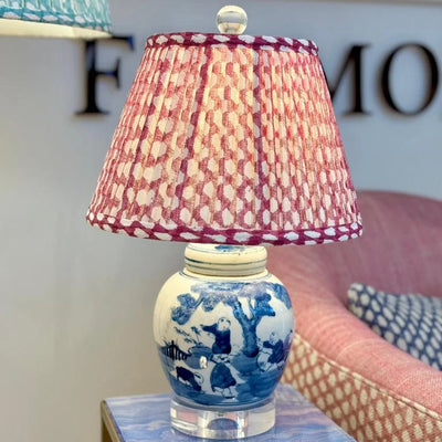 Fermoie Fuchsia Wicker Lampshade on Blue and White Mini Lamp