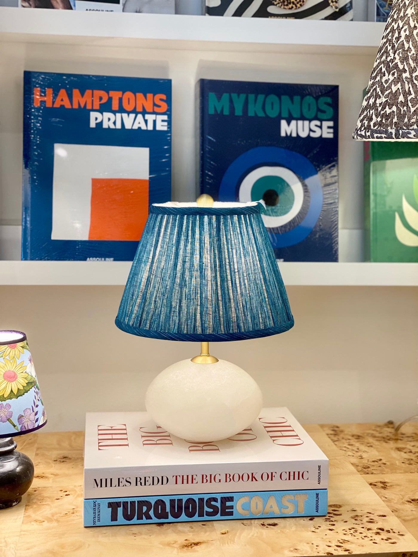 Alabaster Mini Orb Lamp on a fermoie lampshade