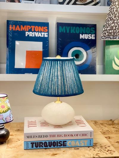 Alabaster Mini Orb Lamp on a fermoie lampshade