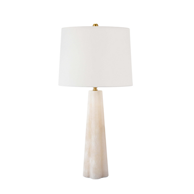 Small tapered alabaster table lamp with white drum lamp shade