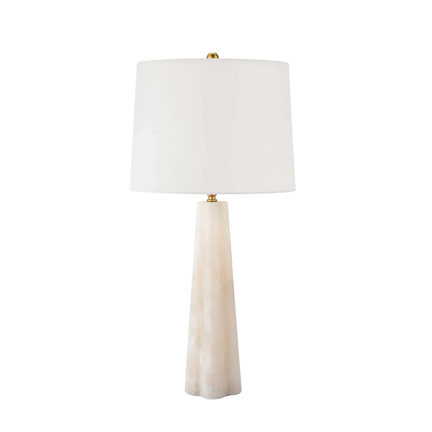 Small tapered alabaster table lamp with white drum lamp shade
