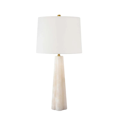 Small tapered alabaster table lamp with white drum lamp shade