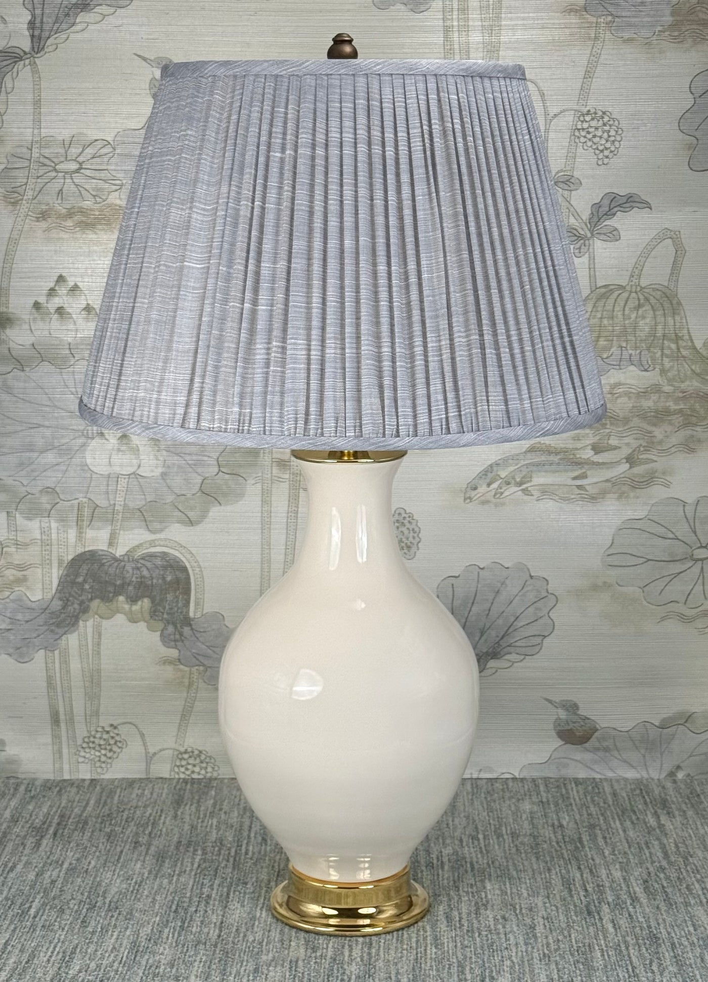 Antique Solid Brass Knob lamp finial styled with a Fermoie strie lampshade on a Paul Schneider Athens ceramic lamp