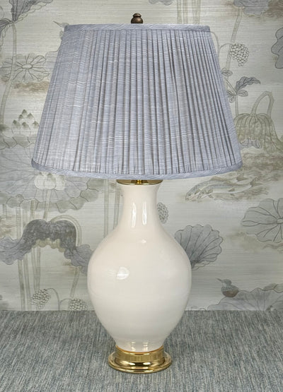 Antique Solid Brass Knob lamp finial styled with a Fermoie strie lampshade on a Paul Schneider Athens ceramic lamp