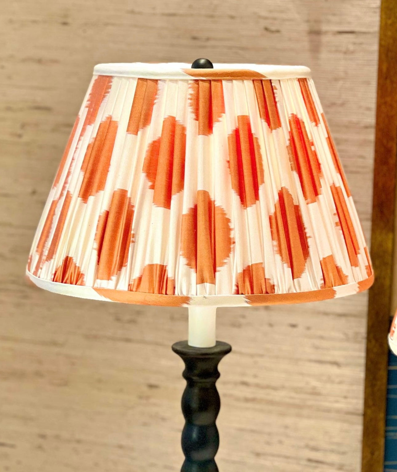 Gathered empire lampshade in Orange & Ivory hand-loomed silk Ikat