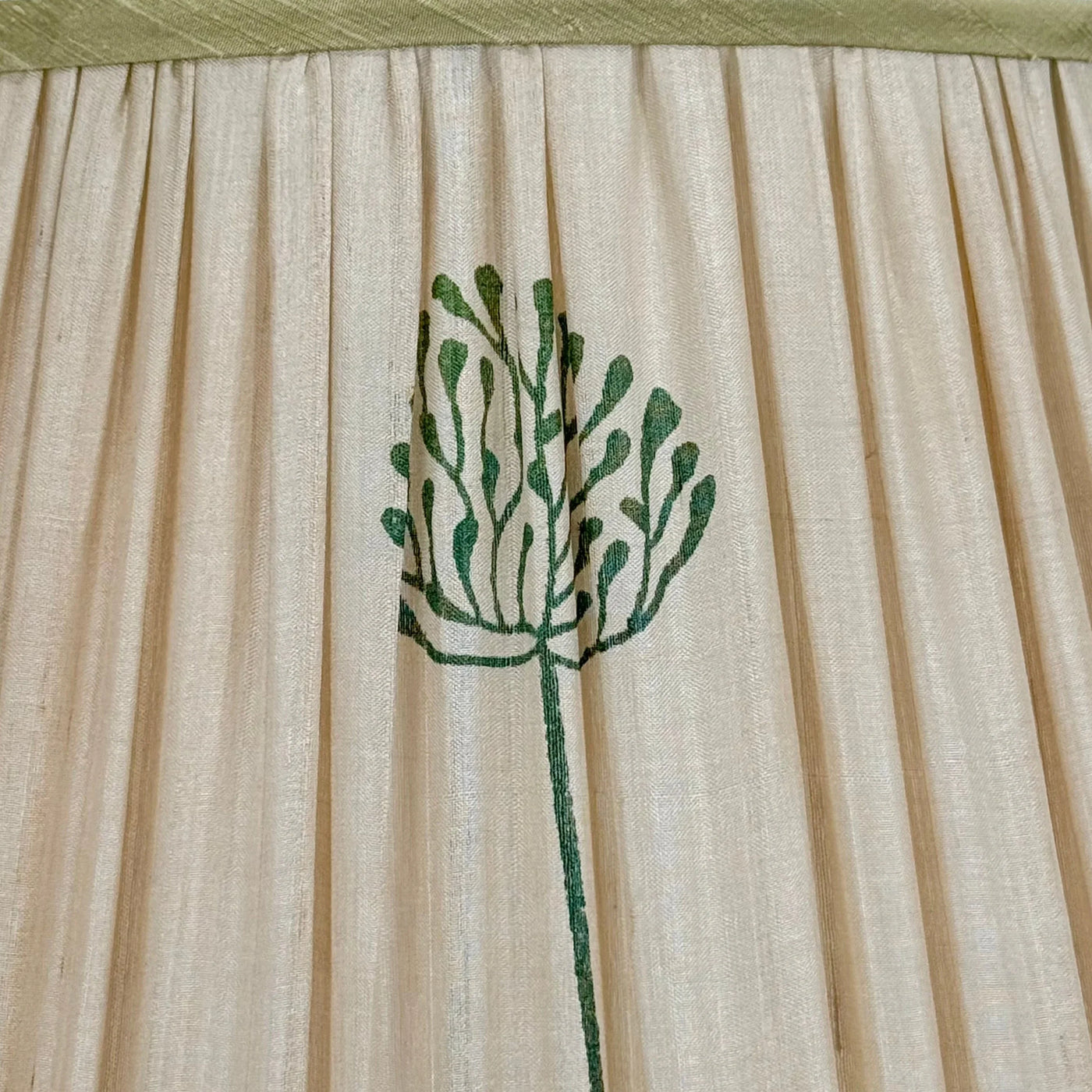 Beige & Green Sari Lampshade with Green Silk Trim Close Up