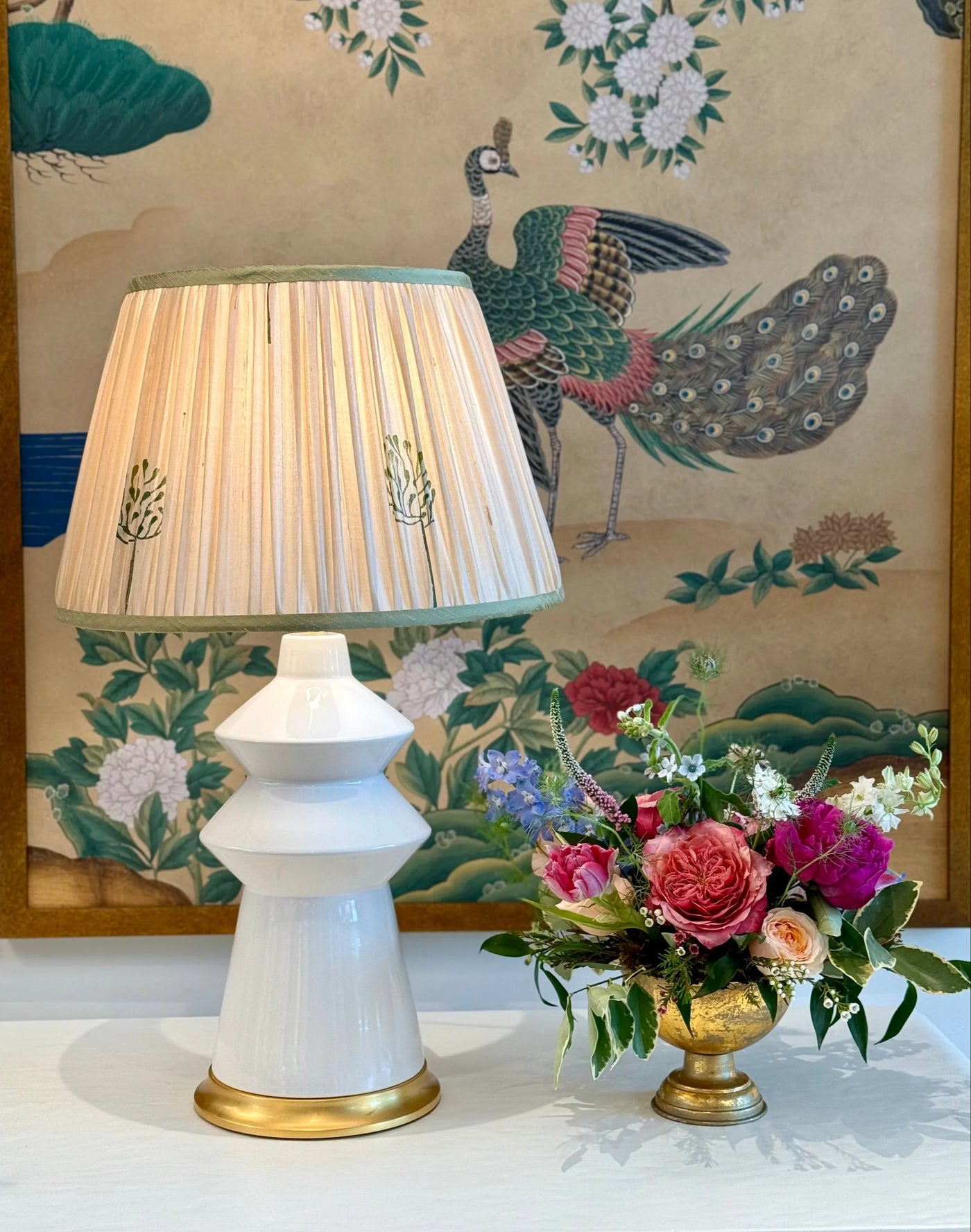 Beige & Green Sari Lampshade with Green Silk Trim on Hwang Bishop white malibu table lamp