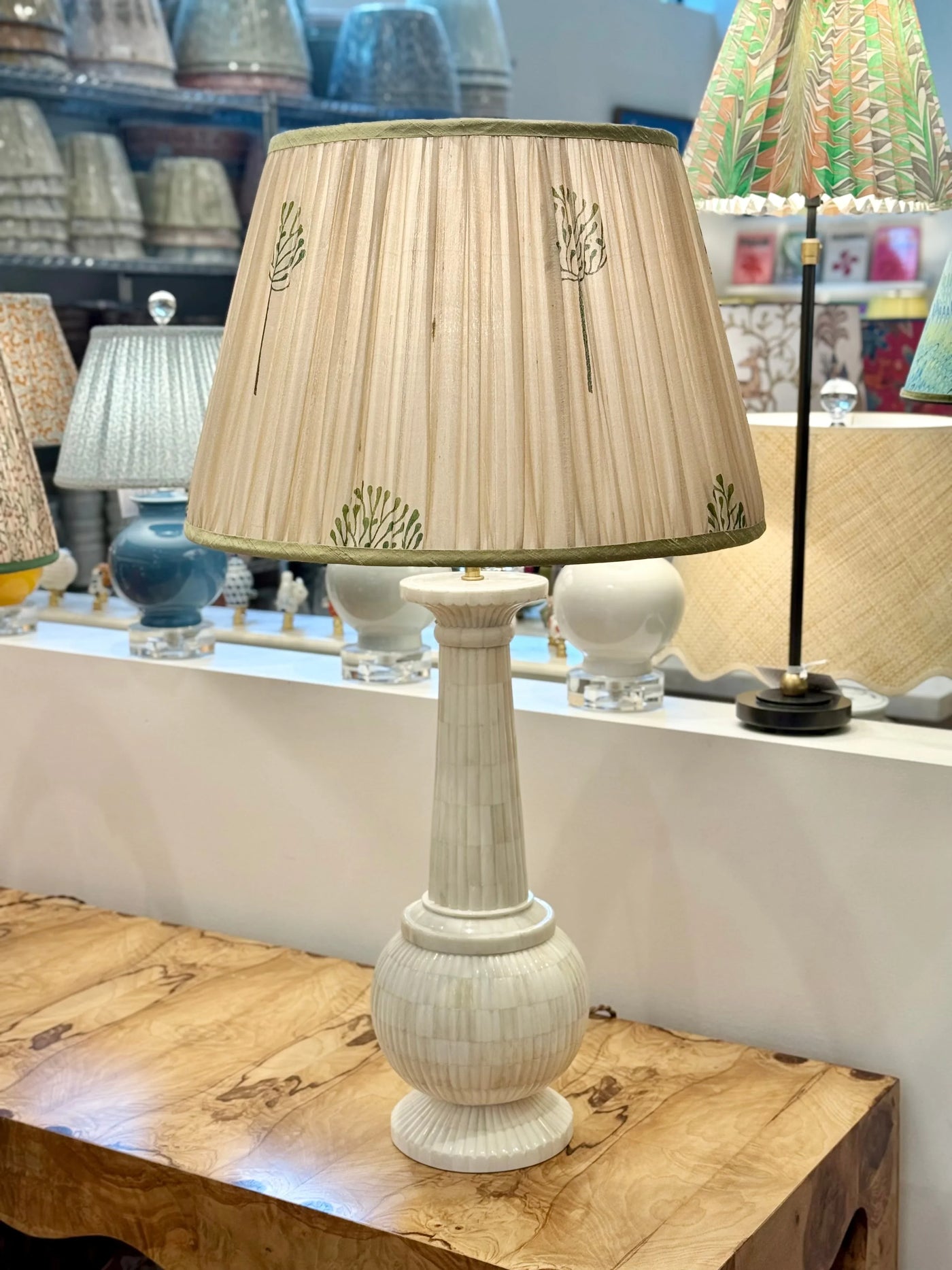 Beige & Green Sari Lampshade with Green Silk Trim on bone table lamp