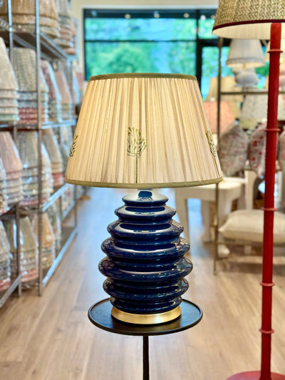 Beige & Green Sari Lampshade with Green Silk Trim on Hwang Bishop Navy Honey table lamp