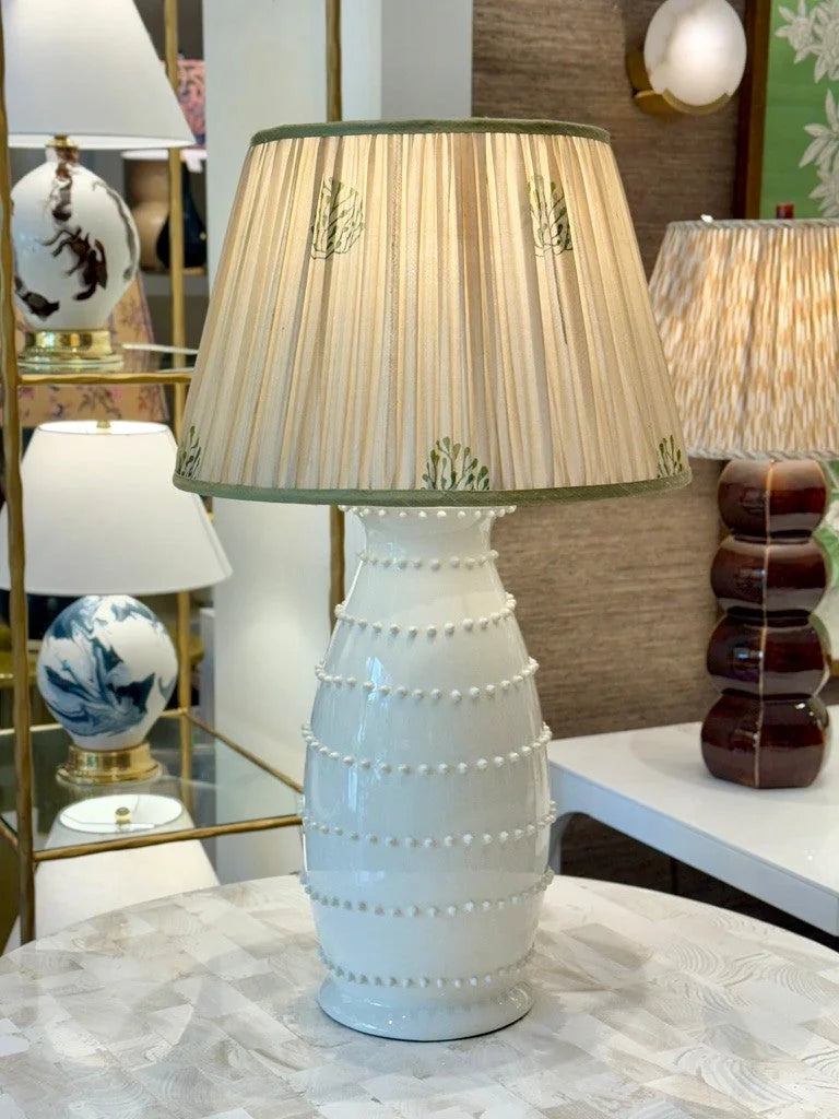 Beige & Green Sari Lampshade with Green Silk Trim on white spitzy table lamp