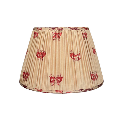 Beige silk lamp shade with red kissing fish print and pleated design