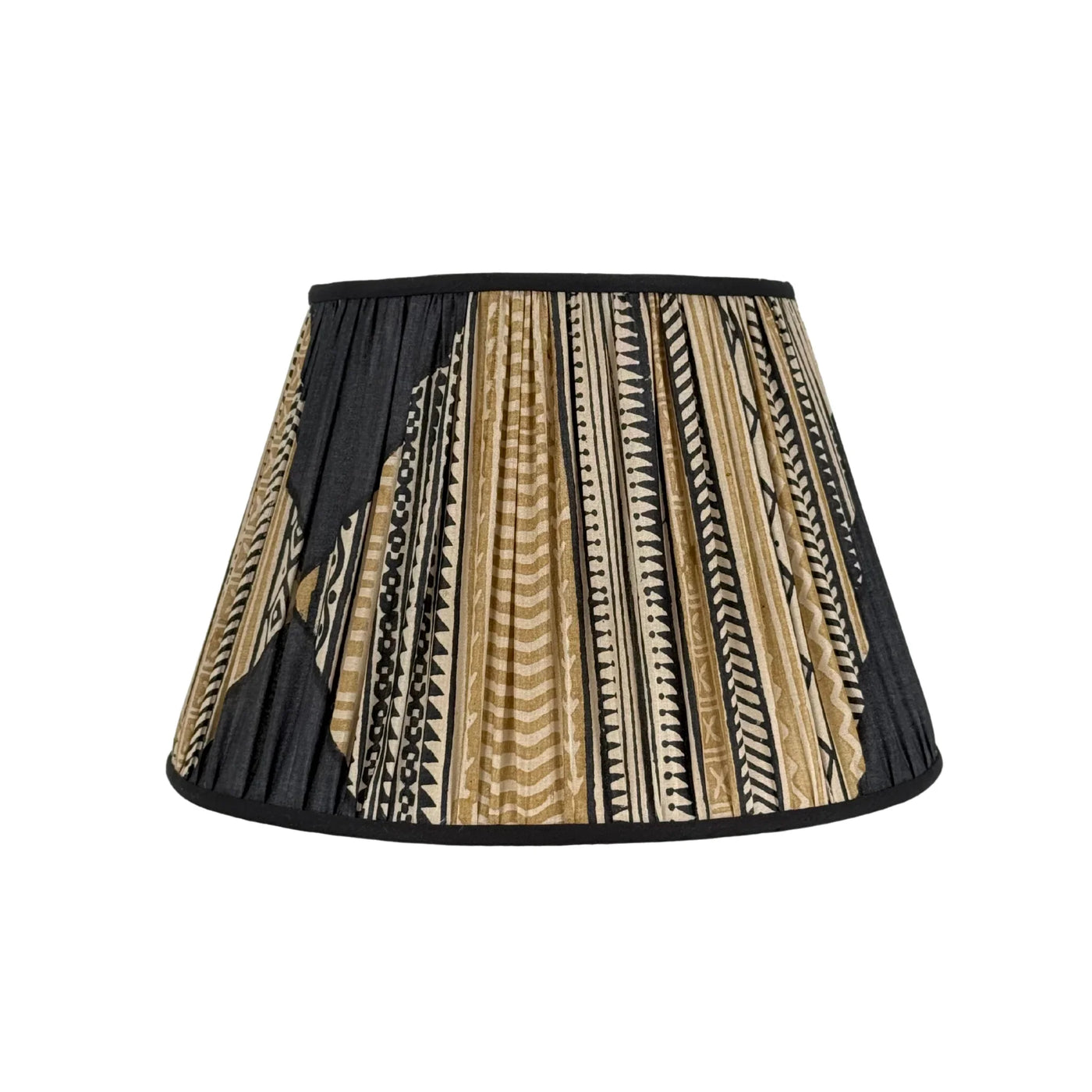 Beige & Navy Sari Lampshade with Black Silk Trim