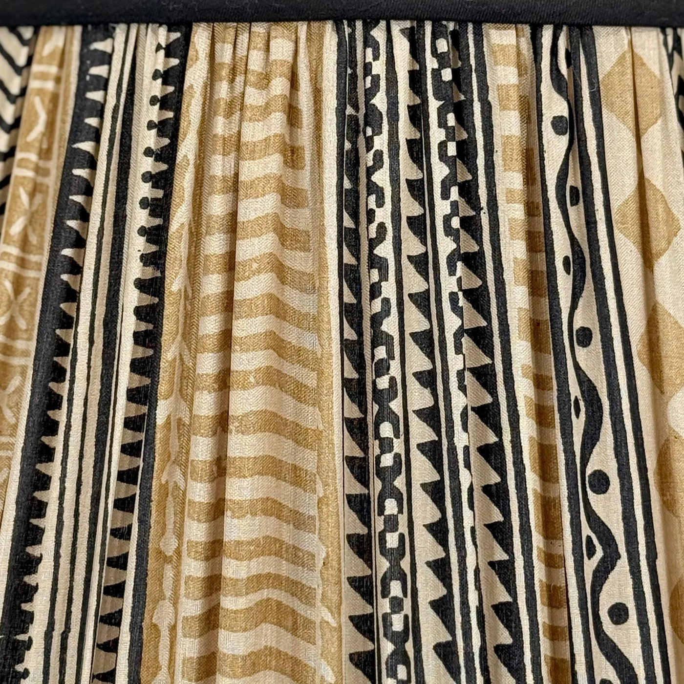 Beige & Navy Sari Lampshade with Black Silk Trim Close Up