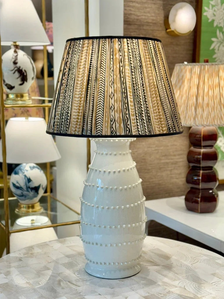 Beige & Navy Sari Lampshade with Black Silk Trim on white spitzy lamp