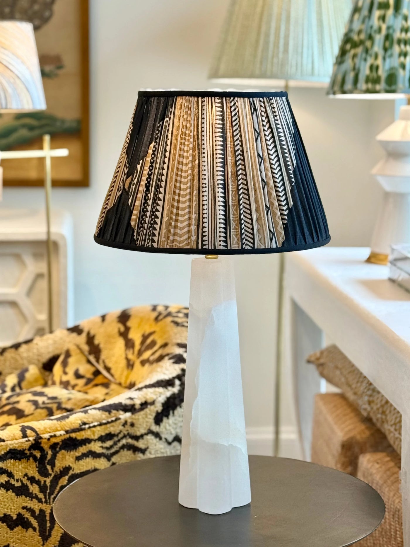 Beige & Navy Sari Lampshade with Black Silk Trim on Quatrefoil Alabaster Table Lamp