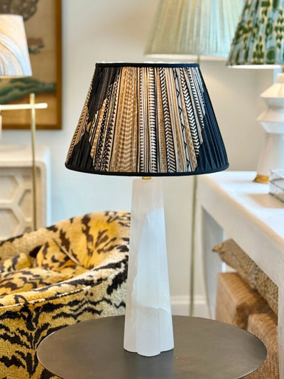 Beige & Navy Sari Lampshade with Black Silk Trim on Quatrefoil Alabaster Table Lamp