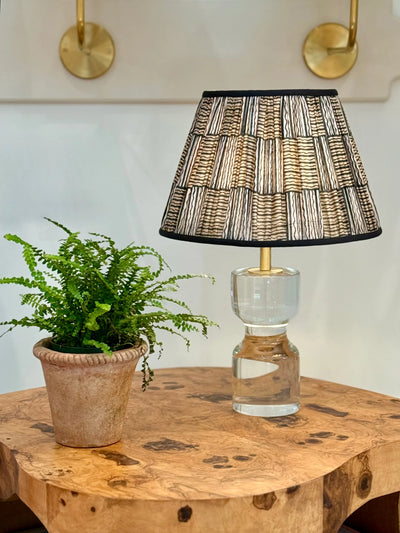 Beige & Navy Sari Lampshade with Black Silk Trim on small joan crystal lamp