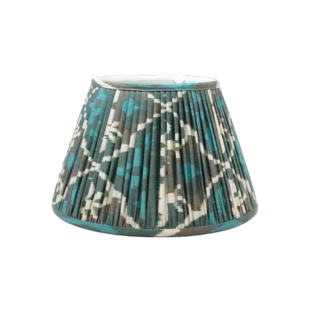 Front view gathered empire lampshade in Teal & White hand-loomed silk Ikat