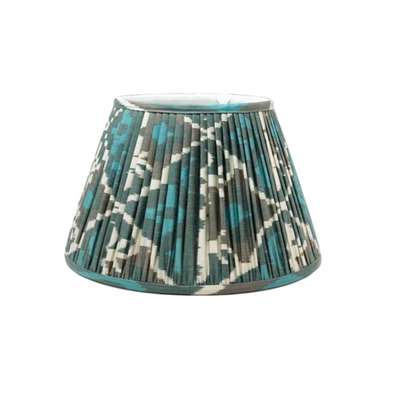 Front view gathered empire lampshade in Teal & White hand-loomed silk Ikat