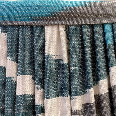 Close up gathered empire lampshade in Teal & White hand-loomed silk Ikat