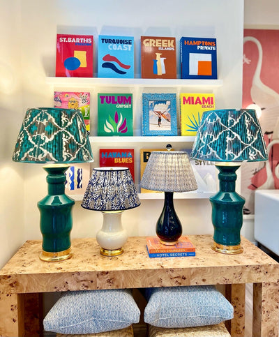 Gathered empire lampshade in Teal & White hand-loomed silk Ikat on Paul Schneider Lamps