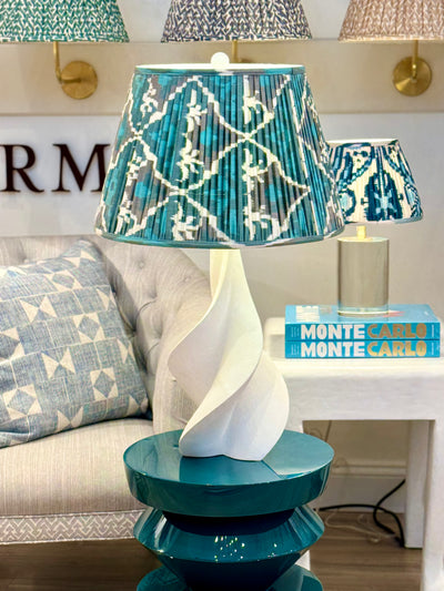 Gathered empire lampshade in Teal & White hand-loomed silk Ikat on white cordoba lamp