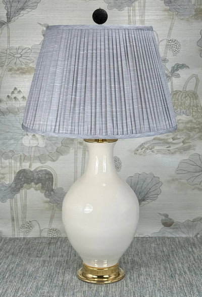 Black Cinnabar Disk lamp finial styled with a Fermoie strie lampshade on a Paul Schneider Athens ceramic lamp