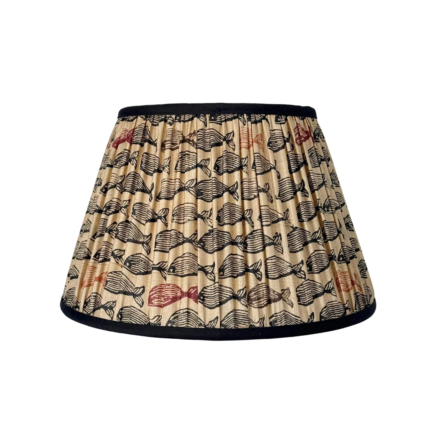 Black, Pink & Orange Fish on Taupe Sari Lampshade with Black Silk Trim Hero