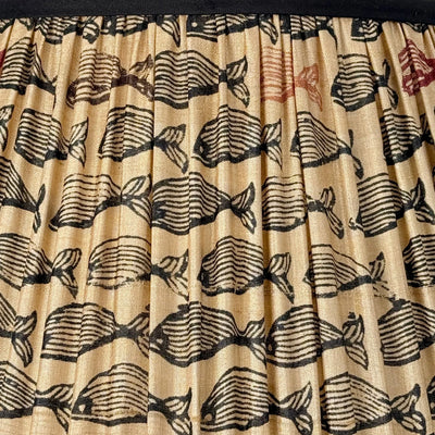 Black, Pink & Orange Fish on Taupe Sari Lampshade with Black Silk Trim Close Up