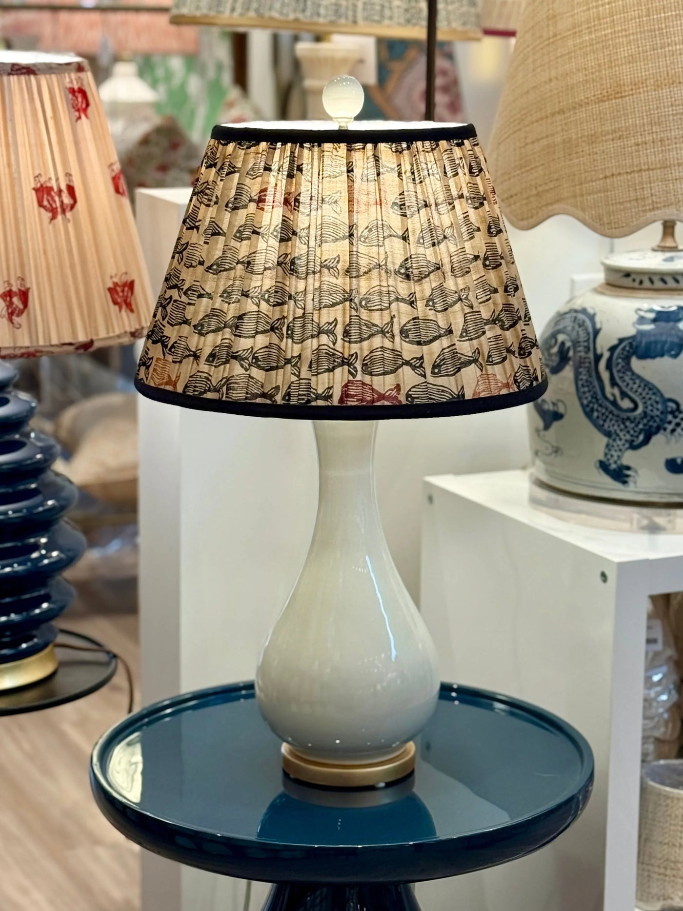 Black, Pink & Orange Fish on Taupe Sari Lampshade with Black Silk Trim on white lamp