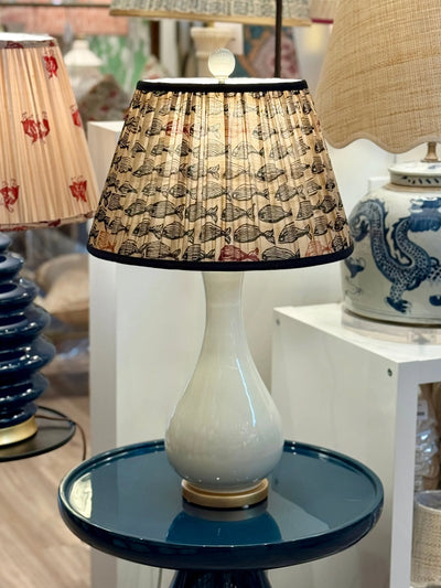 Black, Pink & Orange Fish on Taupe Sari Lampshade with Black Silk Trim on white lamp