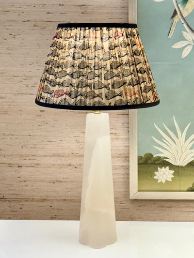 Black, Pink & Orange Fish on Taupe Sari Lampshade with Black Silk Trim on Quatrefoil Alabaster Table Lamp Small