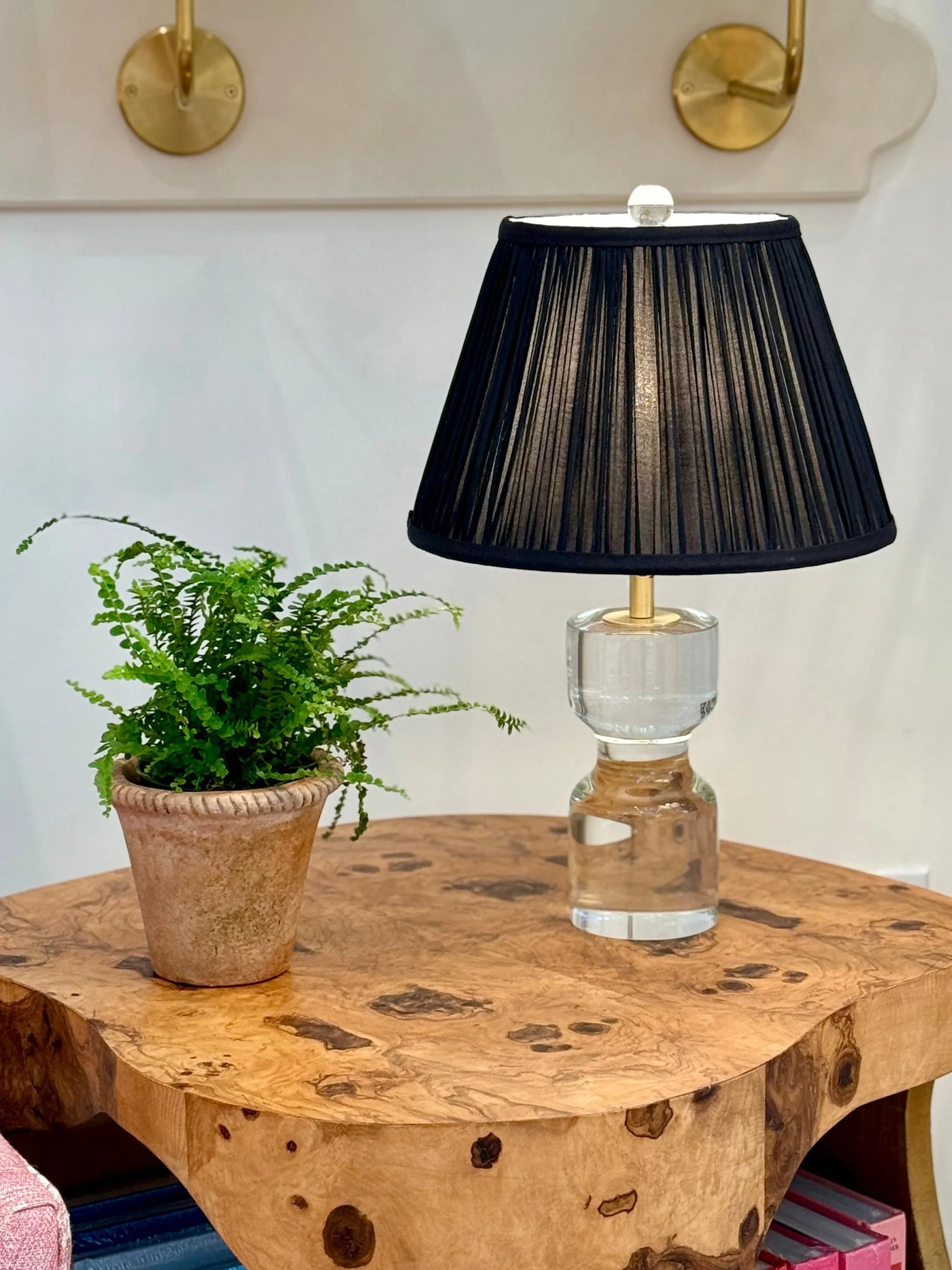 Black Sari Lampshade with Black Silk Trim on Mini Crystal Lamp