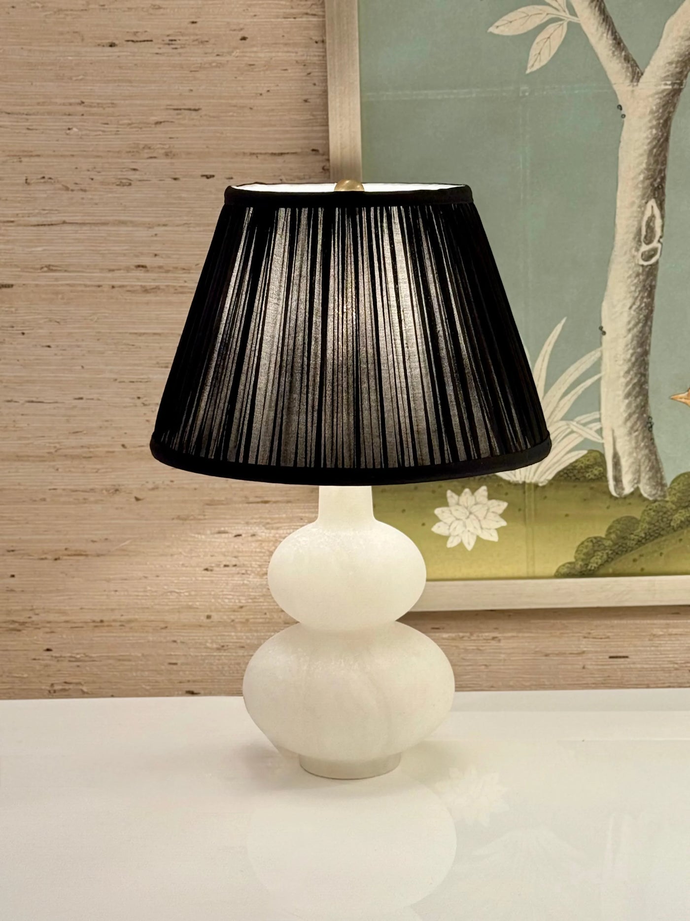 Black Sari Lampshade with Black Silk Trim on mini alabaster lamp