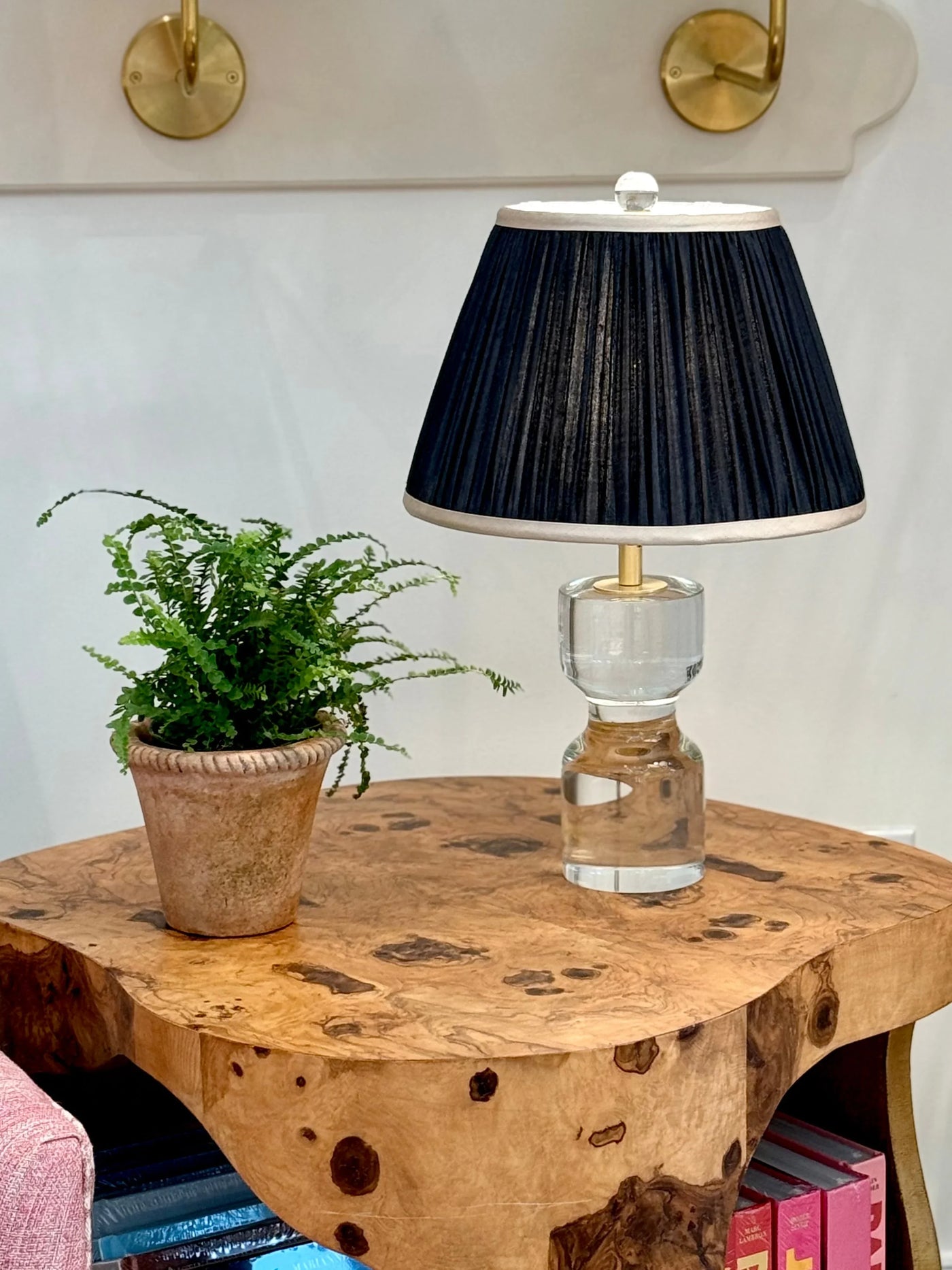 Black Sari Lampshade with Champagne Silk Trim on crystal mini lamp