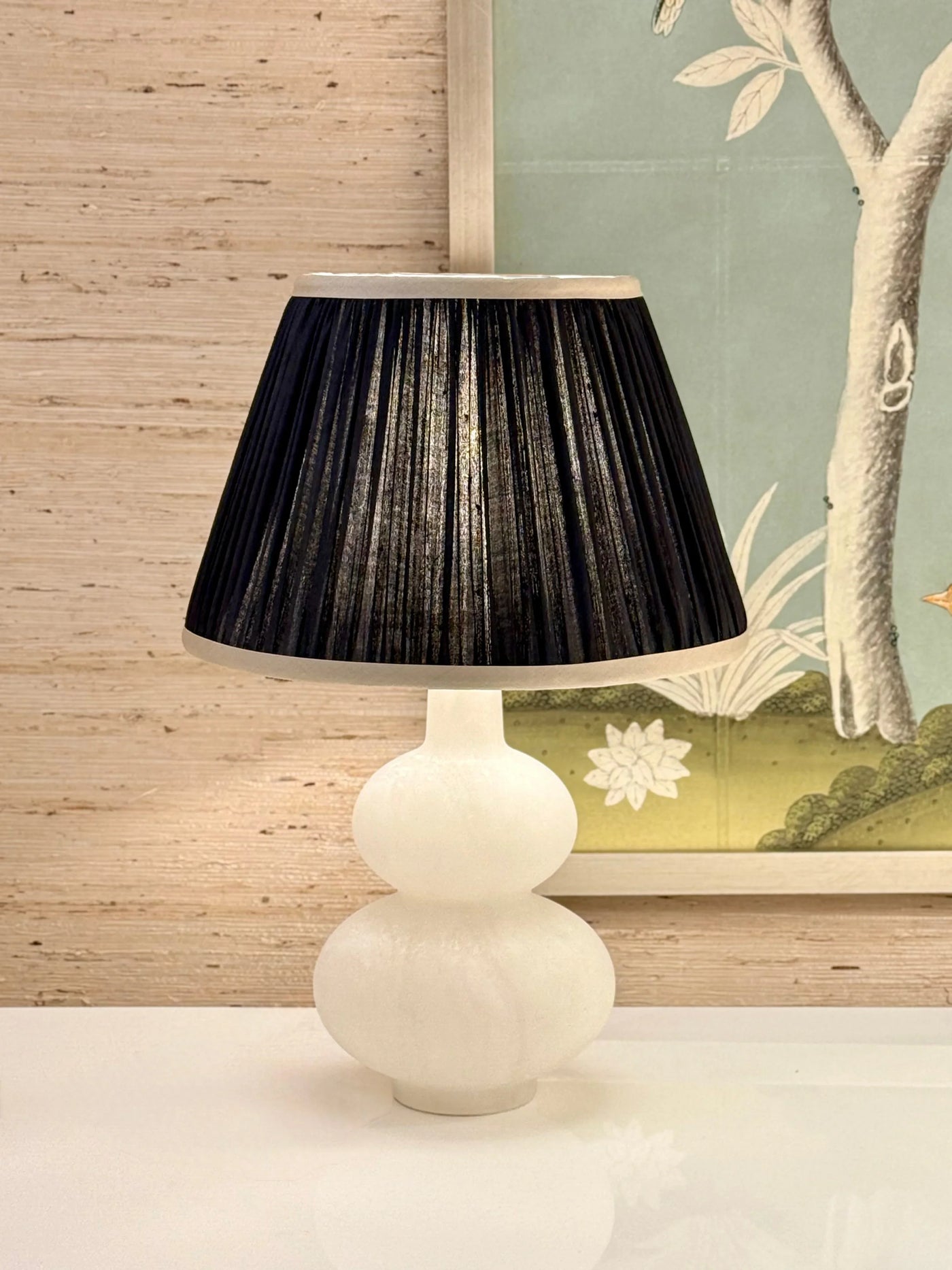 Black Sari Lampshade with Champagne Silk Trim on alabaster mini lamp